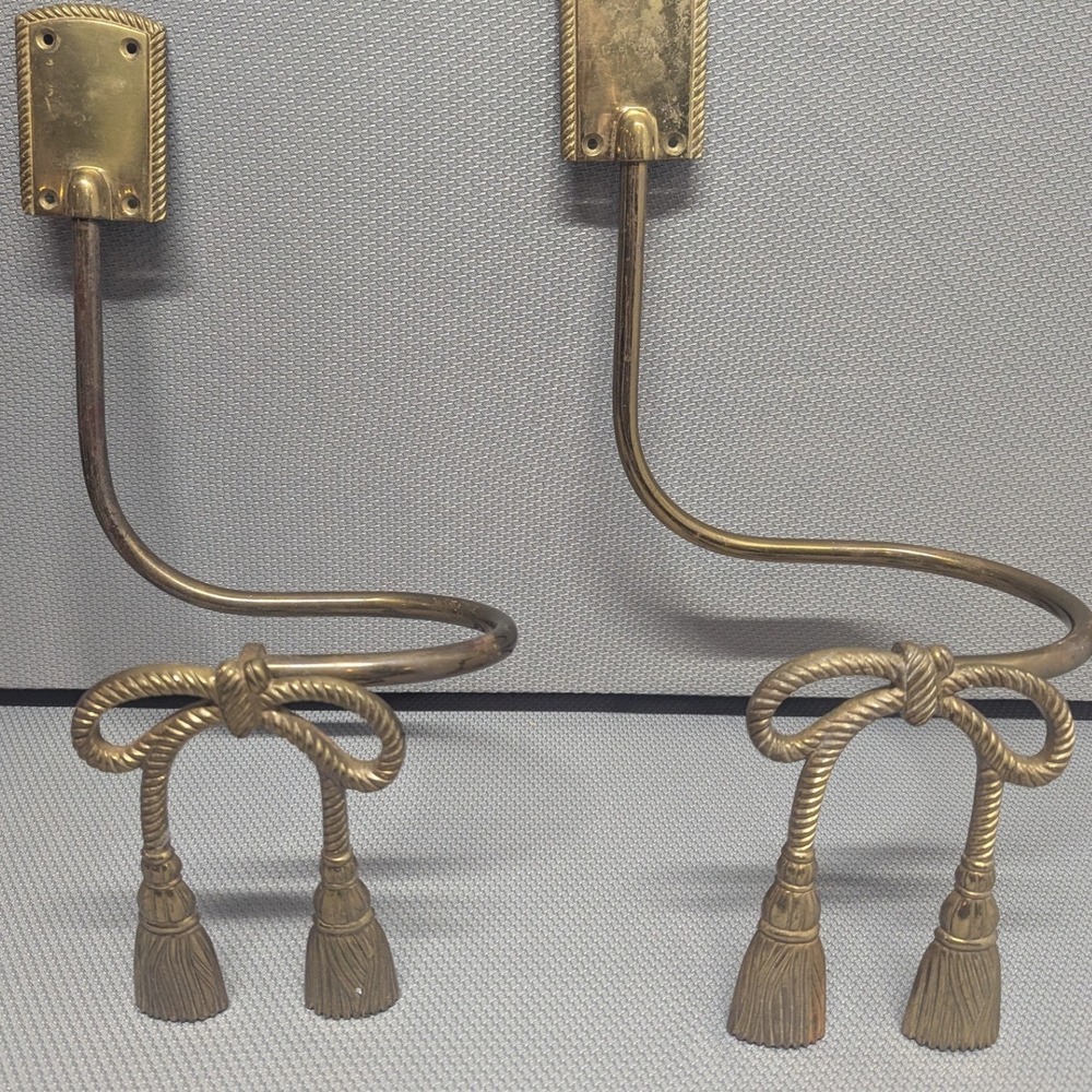 Vintage Brass (?) Bow and Tassel Wall Mounted Curtain Tiebacks Scarf Holder Pair